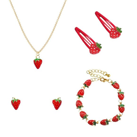 Strawberry Jewelry Set Womens Hair Clips Earrings Necklace Gift Accessories main image 5